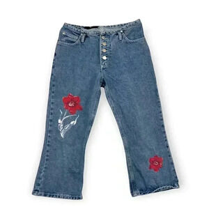 VTG Blue Denim Button‎ Fly Jeans Cropped Floral Y2K Juniors Sz 7 No Boundaries